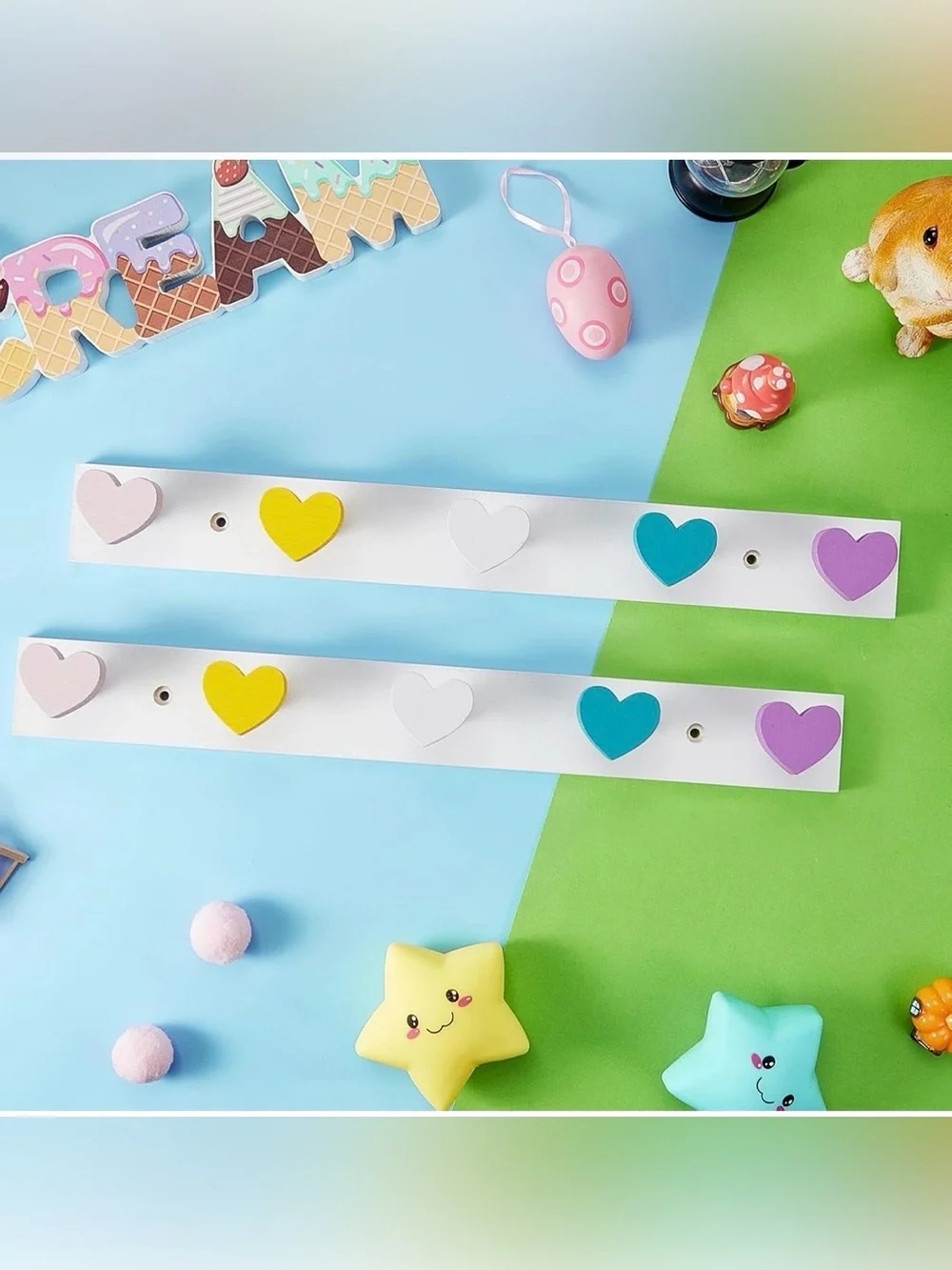 Kids Rainbow Wall Hooks - Multicolor Heart Pegs